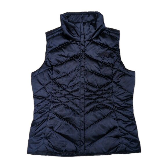 The North Face Womens S Aconcagua 550 Down Puffer Vest Navy Blue Logo Hike Camp - Picture 1 of 12